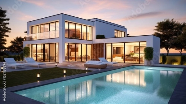 Fototapeta modern residential building with lighting and swimming pool in garden in the evening