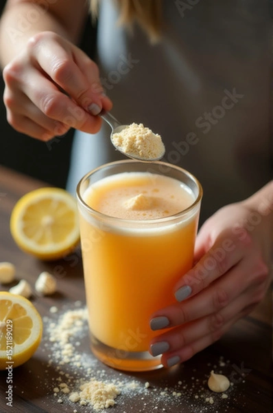 Obraz A close-up shot of a woman holding a glass of orange juice and scooping sugar with a spoon