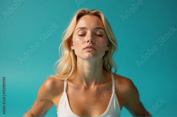 Obraz A woman is seen wearing a white tank top with her eyes closed, possibly relaxing or meditating