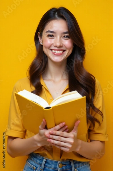 Obraz A happy woman holding a book and smiling
