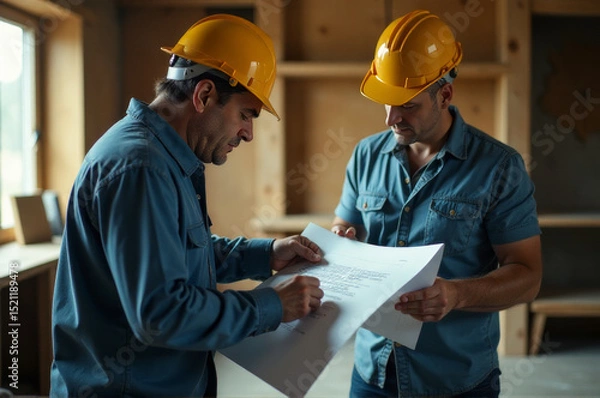 Obraz Two construction workers examining plans on-site