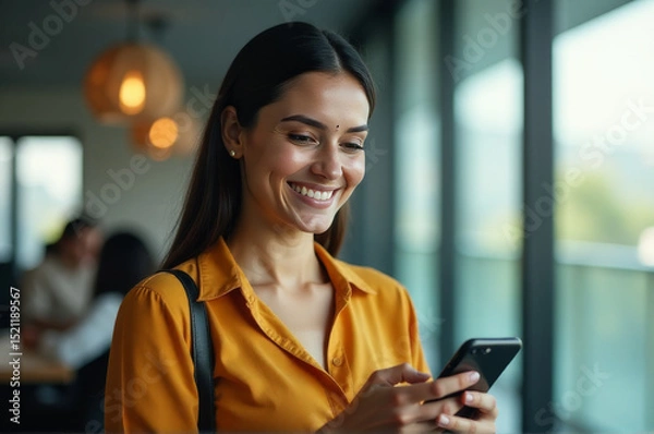 Fototapeta A person smiling and interacting with their mobile device