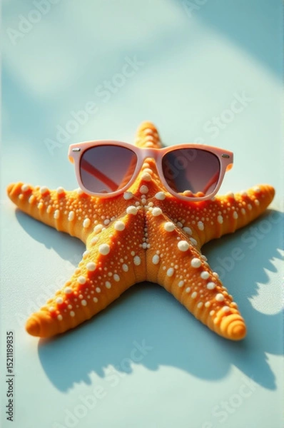 Obraz A starfish relaxing on a table wearing sunglasses