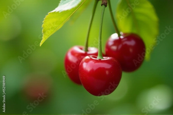 Obraz A pair of ripe cherries hang from a leafy tree branch