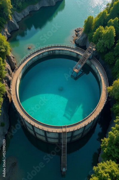 Obraz Aerial shot of a large pool surrounded by trees and foliage