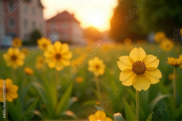 Obraz A beautiful scene of yellow flowers against a stunning sunset backdrop