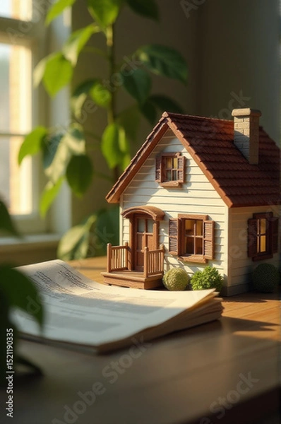 Obraz A small house perched on the cover of a book, perfect for illustrations and designs