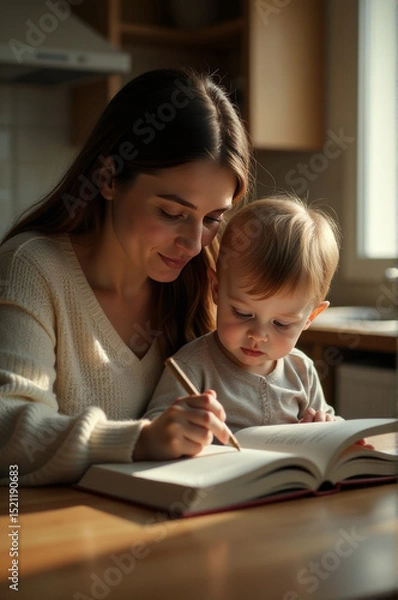 Obraz A mother and her child sitting at a table, enjoying their meal together