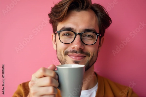 Obraz A person enjoying a cup of coffee while wearing glasses, possibly in an office setting or during study time