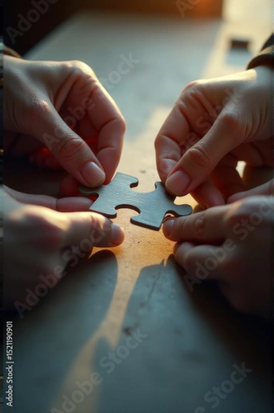 Obraz Two hands holding a piece of a puzzle, ready to be placed in its correct position