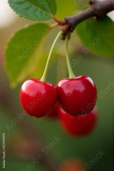Obraz Two ripe red cherries hang from a branch, perfect for fruit or nature photography
