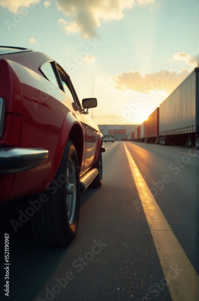 Obraz A red car drives down a road next to a truck, showing the journey and movement