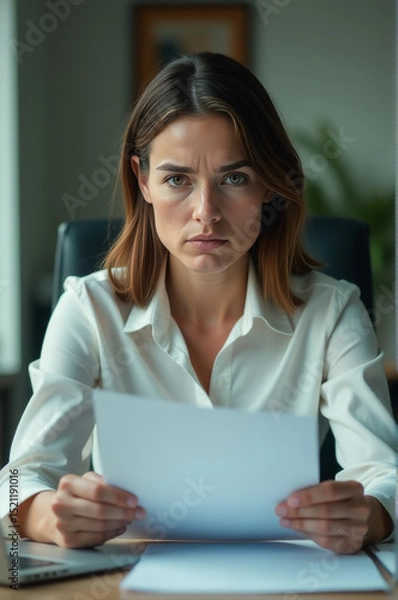 Obraz A woman looks at a piece of paper, possibly studying or taking notes