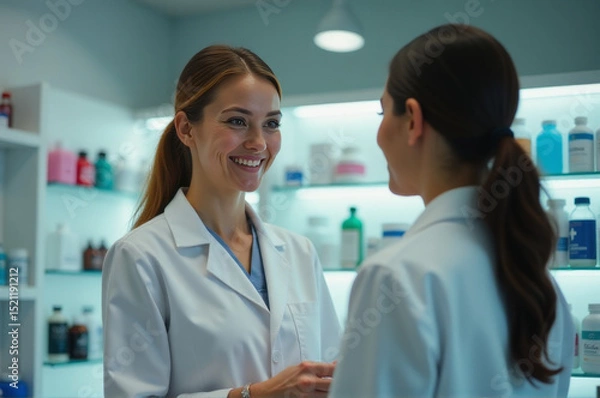Obraz Two women in white lab coats discuss scientific research and findings