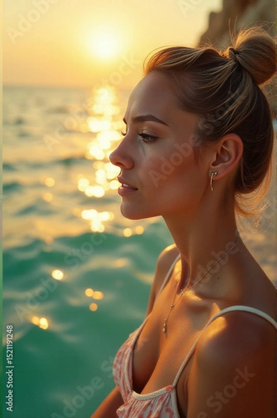 Obraz A woman sits alone on a beach at sunset, enjoying the peaceful atmosphere