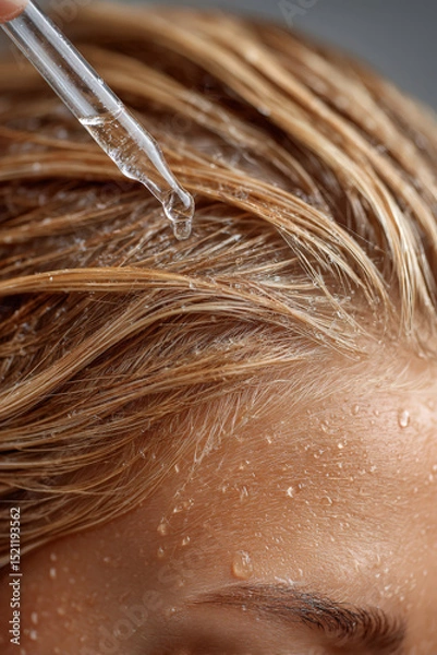 Obraz Extreme close-up of slicked-back wet blonde hair with dropper applying serum to scalp. Visible droplets, clean background, soft studio lighting, hyperrealism.
