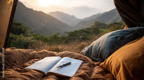 Fototapeta Serene Tent Setup with Soft Pillows, Open Journal, and Pen Overlooking Majestic Mountain Landscape at Sunset