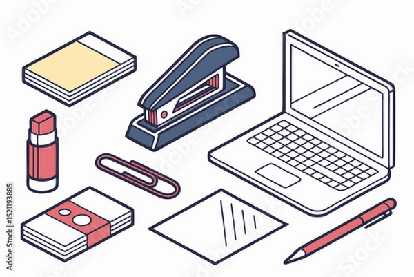 Fototapeta Isometric view of office supplies including laptop stapler and paper with pen and glue stick shown, vector art