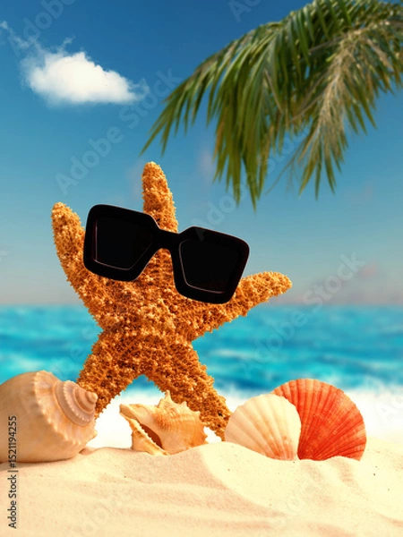 Fototapeta Starfish and shell on sandy beach with blurred background