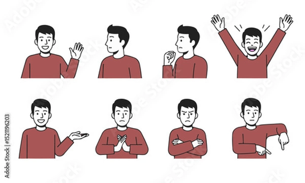 Fototapeta illustrations show a man in a red shirt expressing diverse emotions and actions: waving, looking away, shrugging, cheering, offering, appearing respectful, crossing arms, and pointing dismissively
