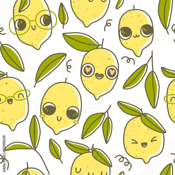 Fototapeta Cute lemon character vector illustration, seamless pattern with kawaii lemons fruits