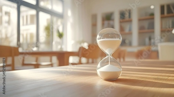 Obraz Hourglass on Wooden Table in Sunlit Room Time Management Concept