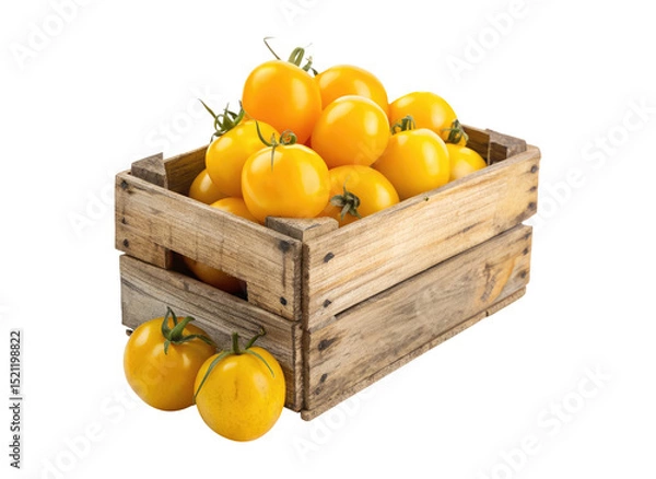 Obraz Fresh yellow tomatoes in an old wooden crate isolated on a transparent background png food design