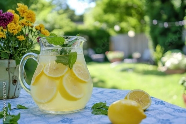 Fototapeta Refreshing homemade lemonade with lemon slice backyard garden drink photography sunny environment close-up viewpoint summer vibes