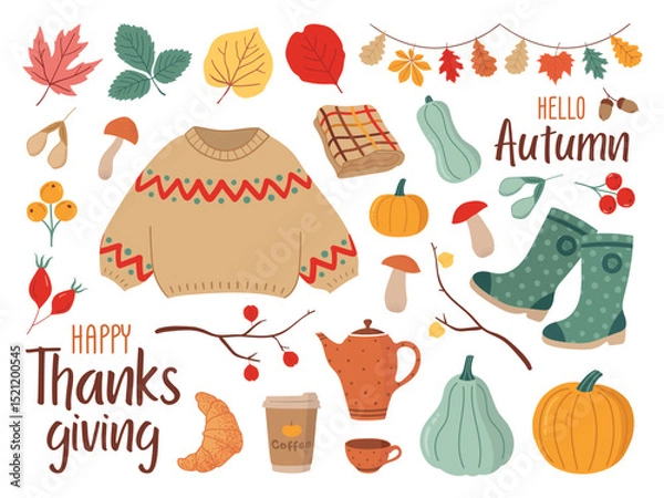 Obraz Colorful hand drawn vector set of illustrations or stickers with different cute fall objects.Hand drawn scrapbook autumnal bundle