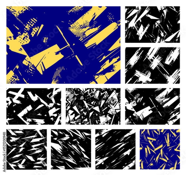 Fototapeta Vector set of 10 abstract energetic textures. Dynamic blue, yellow, black, and white grunge patterns with sharp strokes and fragmented shapes for modern designs.