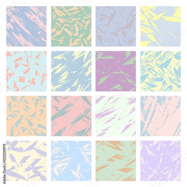 Fototapeta Vector set of 16 abstract pastel patterns. Retro 80s-90s style backgrounds with colorful, angular shapes and terrazzo-like textures for modern designs.