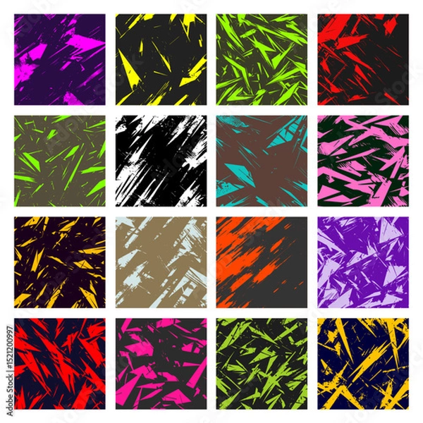 Fototapeta Vector set of 16 abstract vibrant patterns. Retro 80s-90s style backgrounds with energetic, neon-like angular shapes and grunge textures for edgy designs.