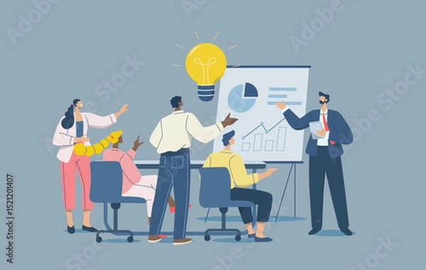 Fototapeta Brainstorming concept, Business idea discussion, Teamwork and effective communication, Business people team meeting with big light bulb, Flat design vector illustration.