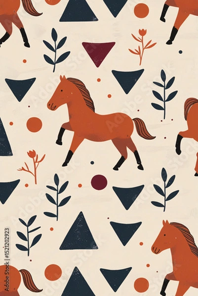 Obraz Seamless Pattern with Stylized Horses Geometric Shapes and Botanical Elements
