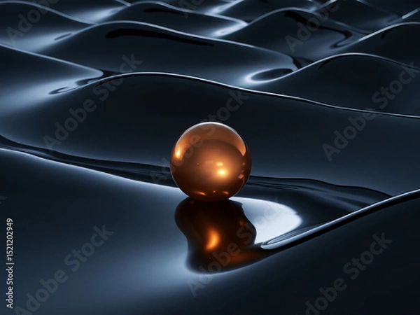 Obraz Abstract 3D Render of a Golden Sphere on Dark Wavy Surface