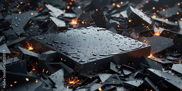 Obraz Wet Black Cube Amidst Shattered Fragments and Sparks