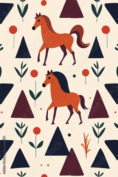 Obraz Seamless Pattern with Stylized Horses Geometric Shapes and Floral Elements