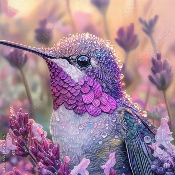 Fototapeta Colorful Hummingbird Perched Among Vibrant Flowers in Soft Focus