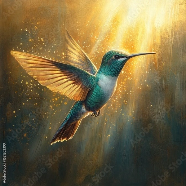 Fototapeta Colorful Hummingbird Against a Glowing Gold Background