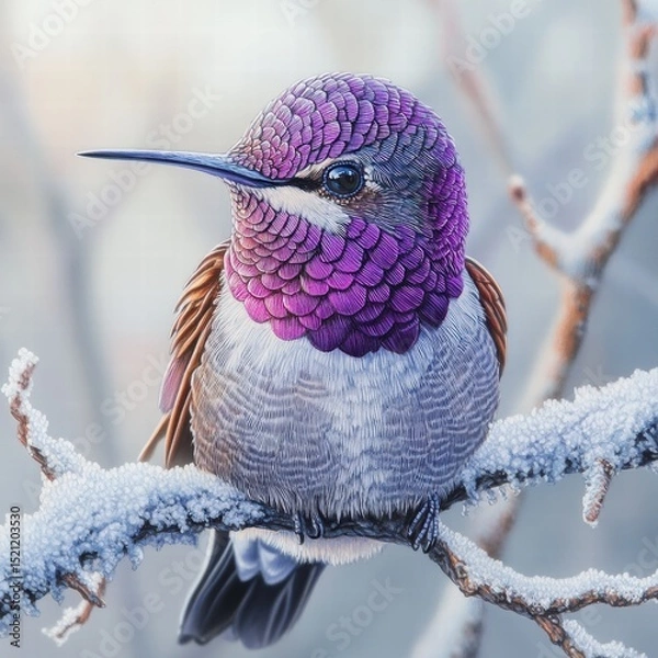 Fototapeta Colorful Bird Perched on Frosty Branch in Winter Morning Light