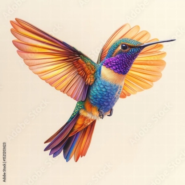 Fototapeta Colorful Hummingbird in Flight with Vibrant Feather Details
