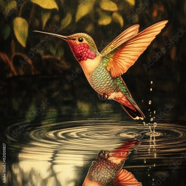 Fototapeta Colorful Hummingbird Hovering Above Sparkling Water Surface