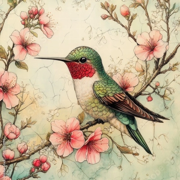 Fototapeta Colorful Hummingbird Sitting on Blossom Branch with Beautiful Flowers