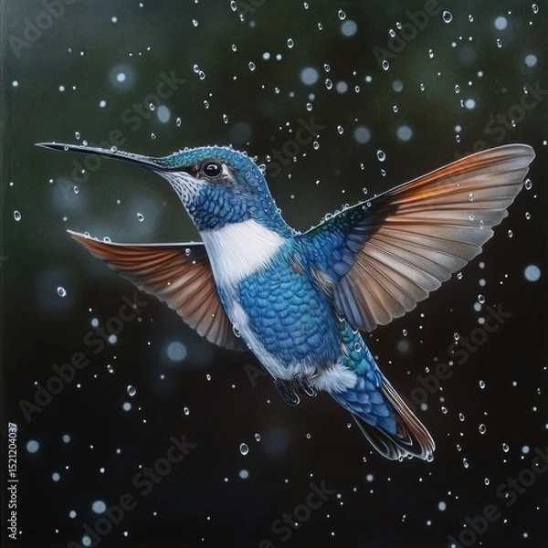 Fototapeta Vibrant Hummingbird in Mid-Flight Surrounded by Water Droplets