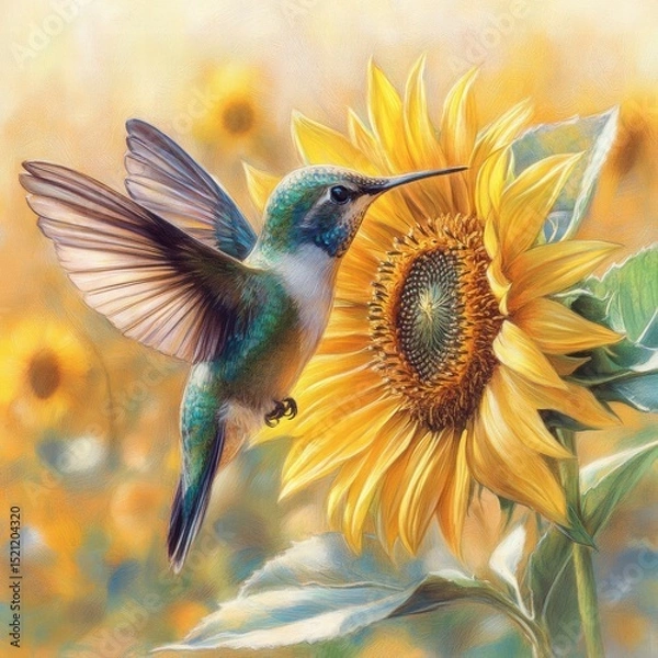 Fototapeta Hummingbird Feeding on Sunflower in Soft Natural Light