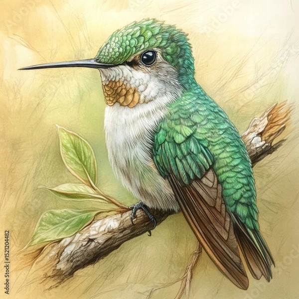 Fototapeta Vibrant Hummingbird Perched on Branch with Delicate Green Feathers