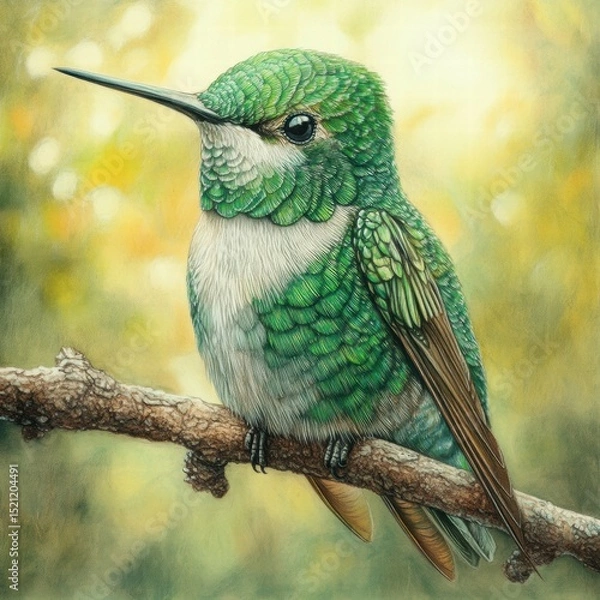Fototapeta Vibrant Green Hummingbird Perched on a Branch in Nature's Glow