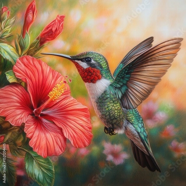 Fototapeta Colorful Hummingbird with Vibrant Red Hibiscus Flower in Garden