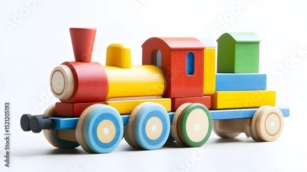 Fototapeta A colorful wooden toy train with red yellow blue and green blocks on a white background studio shot