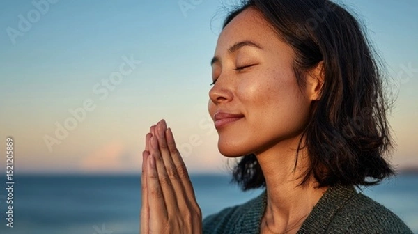 Fototapeta "A woman kneeling in a serene setting with a spiritual or meditative atmosphere."